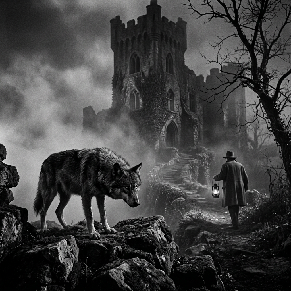 Wolf standing on rocks near a cloaked person holding a lantern walking toward a castle in fog