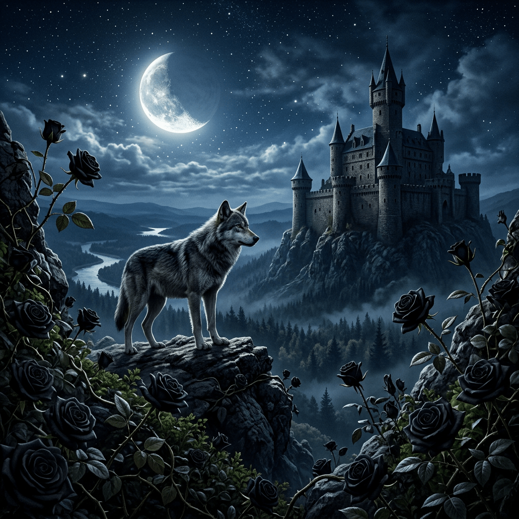 Wolf on rocky cliff overlooking castle at night with black roses and moon